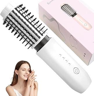 Cordless Curling Iron Brush, 2 in 1 Cordless Hair Curler and Straightener Brush, 7000Mah Portable Travel Iron Mini, Rechargeable Curling Wand with Negative Ion, 150℃-210℃ (White)