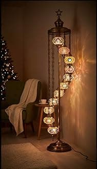DEMMEX 11 Globe Turkish Moroccan Mosaic Floor Lamp – 210 cm Tall Tiffany Style Standing Boho Lamp for Living Room, Bedroom & Entryway – Handmade in Turkey, Multi-Color