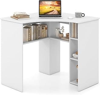 Tangkula White Corner Desk with Storage Shelves, Space-Saving Triangle Study Writing Desk with Adjustable Shelves, Corner Makeup Vanity Desk for Bedroom, Corner Desk for Small Space