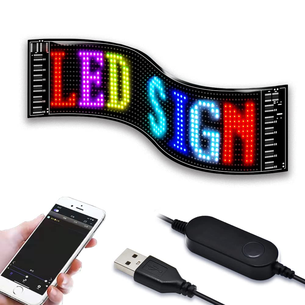 LED Matrix Panel Bluetooth APP Control USB 5V Flexible LED Screen Scrolling Text Pattern Animation Sign for Car Windows, Shop, Bar and Entrance