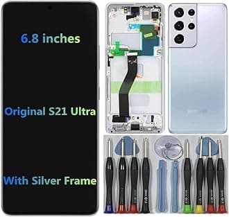 6.8" AMOLED Original for Samsung Galaxy S21 Ultra Display Touch Screen Digitizer Assembly S21ultra 5G G998U G998U1 G998W G998B G998B/DS LCD Screen Replacement (with Silver Frame + Back Cover+Tools)