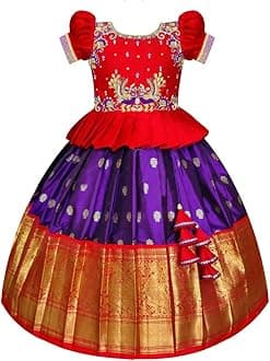 White Button Lehenga Choli Traditional South Indian Pattu Pavadai Girl Jecquard