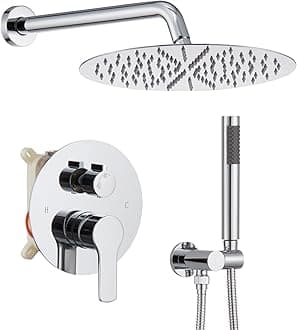 Iriber Chrome Shower System Wall Mounted Shower Faucet Mixer Set with 12 Inches Round Rain Shower head and Handheld, Bathroom Rainfall Polished Chrome Shower Trim Kit Contain Valve