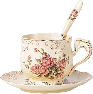 Vintage Rose Tea Cup, Ivory Porcelain Tea Cup and Saucer with Spoon Set, 8 OZ Ceramic Tea Cup Set