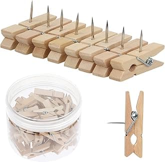 50 PCS Push Pin with Wooden Clips, Durable Wooden Push Pins, Decorative Pushpins Tacks Thumbtacks, Tacks for Cork Board Artworks Notes Photos, Craft Projects, Offices and Homes (Burlywood)