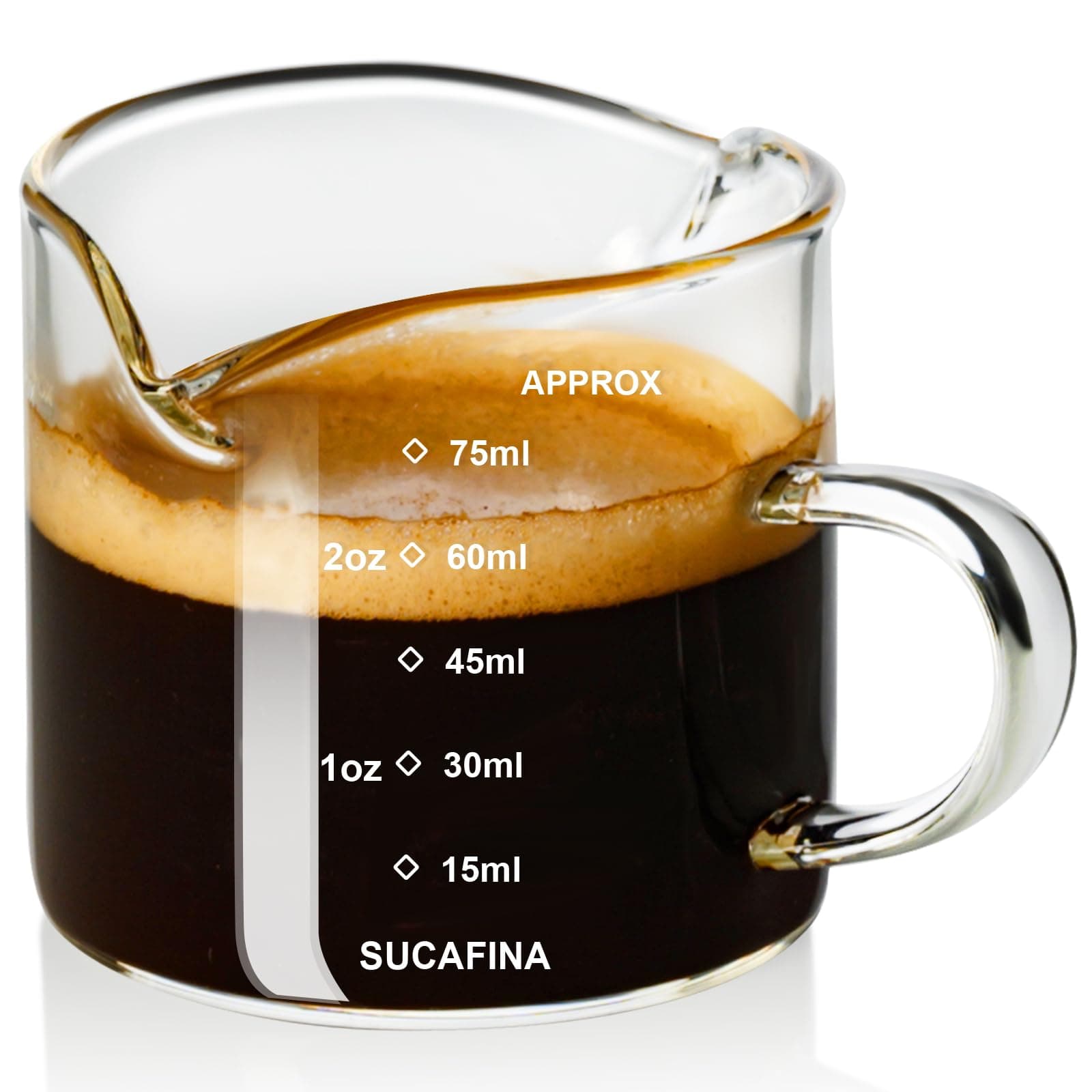 PARACITY Espresso Cup with Handle, 2.5 OZ Double Spout Clear Glass Measuring Cup with Dual Scale, Espresso Shot Glass with V-Shaped Mouth, Espresso Accessories