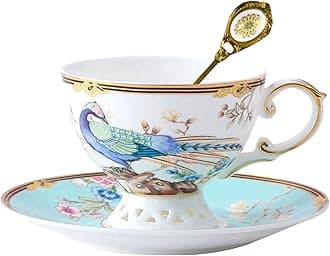 ACMLIFE Bone China Tea Cup and Saucer Set - Bone China Tea Coffee Cup and Saucer Set for 1 Luxury Fine China Tea Cup Set for One Blue Vintage Teacups and Saucers for Women Tea Party or Gift Giving