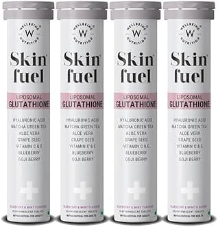 - Skin Fuel Liposomal Glutathione 90% (600mg)|Hyaluronic Acid, Vitamin C & E | 4X Absorption |Skin Radiance, Anti-Pigmentation & Hydration | Blueberry Mint Flavour | 15 Veg Tablets ( pack of 4 )