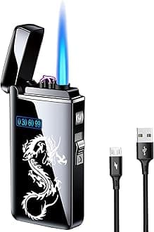 Dragon Arc Lighter - Jet Flame Torch, 2-in-1 USB Rechargeable with Battery Indicator, Windproof, Refillable Butane, Cycle Charge Plasma (Black)