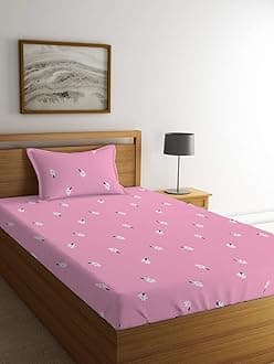 LOOMLYFELOOMLYFE 300 TC Cotton Feel Glace Elastic Fitted Printed Single Bed Bedsheet with 1 Pillow Cover Fits Upto 6 Inches Mattress,Size- 42X75X8 Inches, PinkSmallFlower