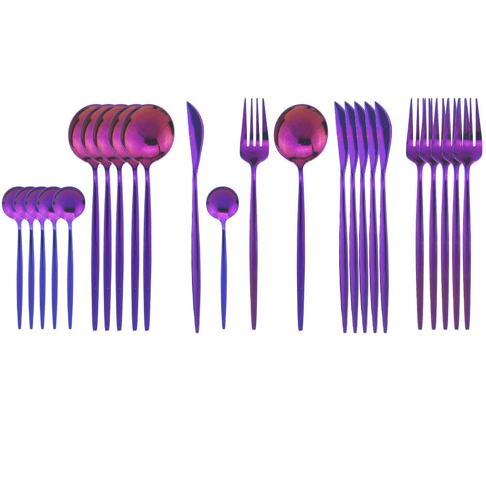 Silverware Sets, 24-Piece Stainless Steel Flatware/Cutlery/Tableware Set Service for 6 Person, Include Knife/Fork/Spoon, Mirror Polished (Purple)