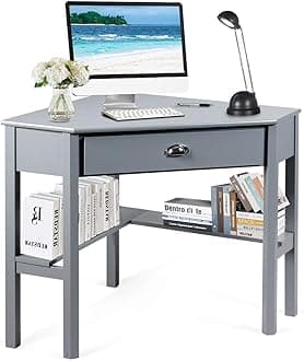 Tangkula Corner Desk, Corner Computer Desk, Wood Compact Home Office Desk, Laptop PC Table Writing Study Table, Workstation with Storage Drawer & Shelves (Grey)
