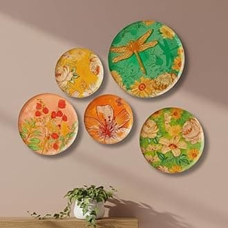 RITUALISTIC Pastel Blooms Wall Plate for home decor | Metal Iron wall decor items for living room | gifts for family & freind | home decor and house warming gift items | wall art & showpiece| Set of 5