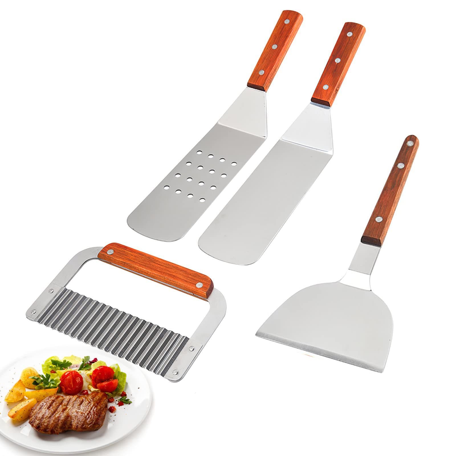 4pcs Barbecue Tool Set BBQ Combination Grill Exclusive Griddle Tools Long Short Spatulas Set Kit with Scraper Spatula