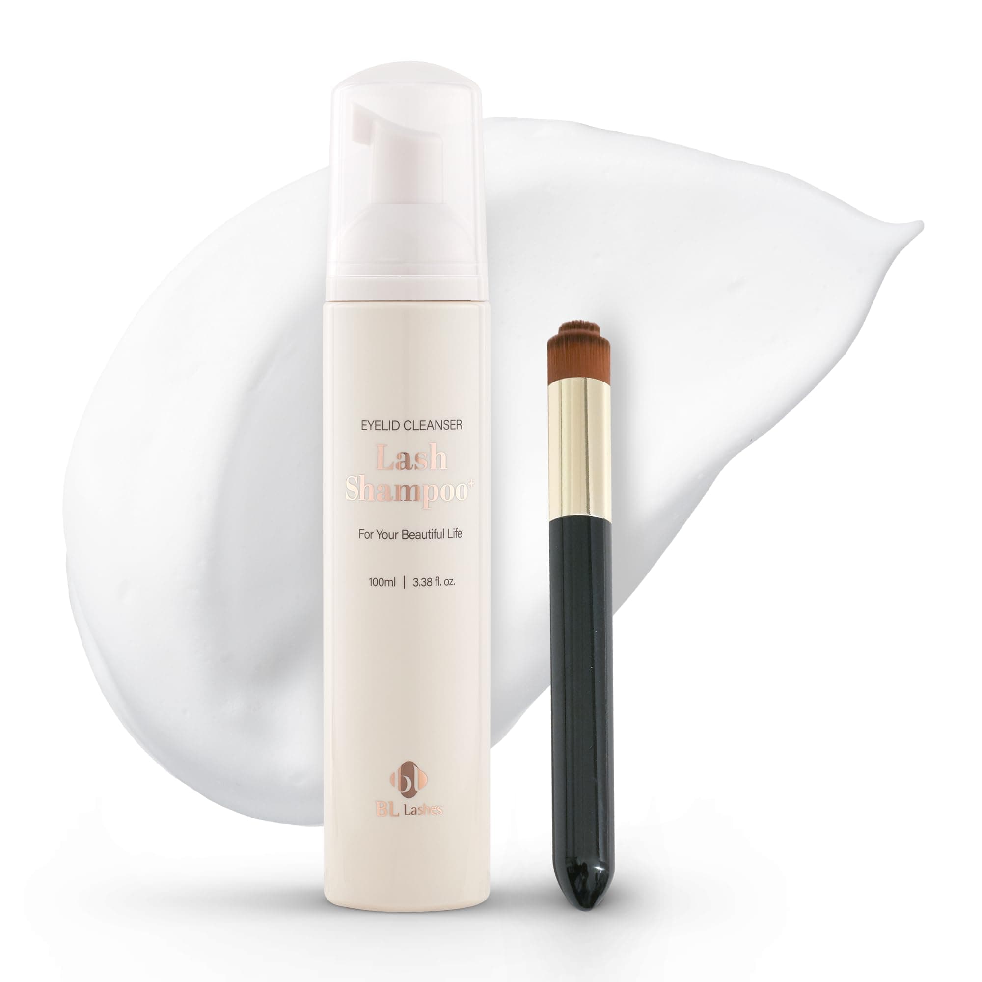 BL Lashes Lash Extensions Shampoo + Brush | 3.38 fl.oz, 100ml | Oil-Free Eyelash Cleanser & Foaming Eyelid Wash | Gentle Makeup Remover for Sensitive Eyes | Professional Use & Home Care