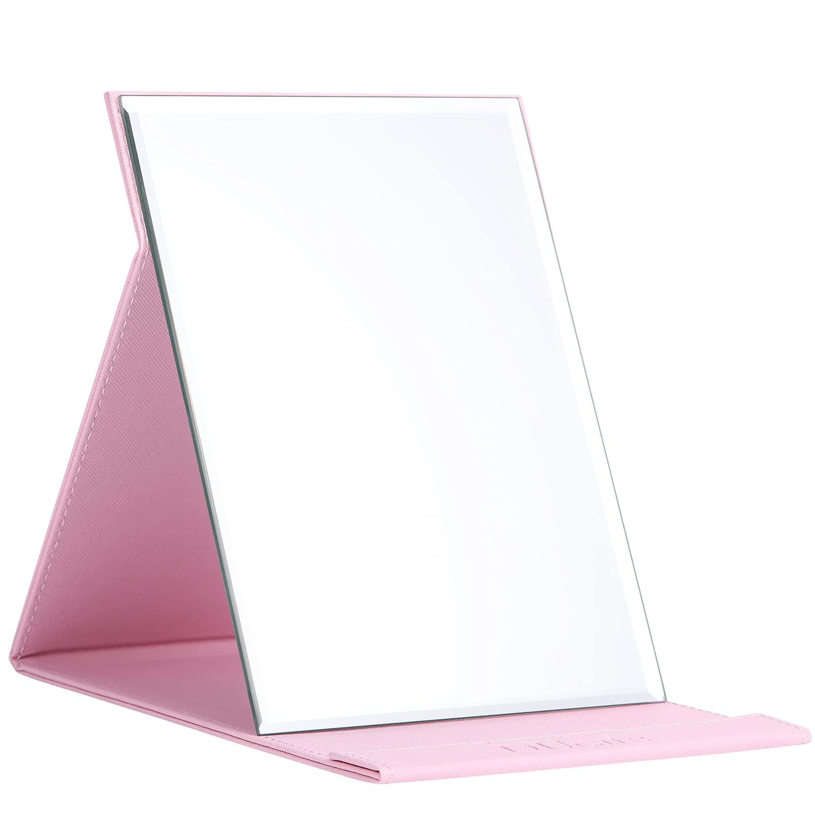 DUcare Folding Mirror Portable Travel PU Portable Adjustable Rectangular Ultrathin Vanity Mirror with Stand Pink