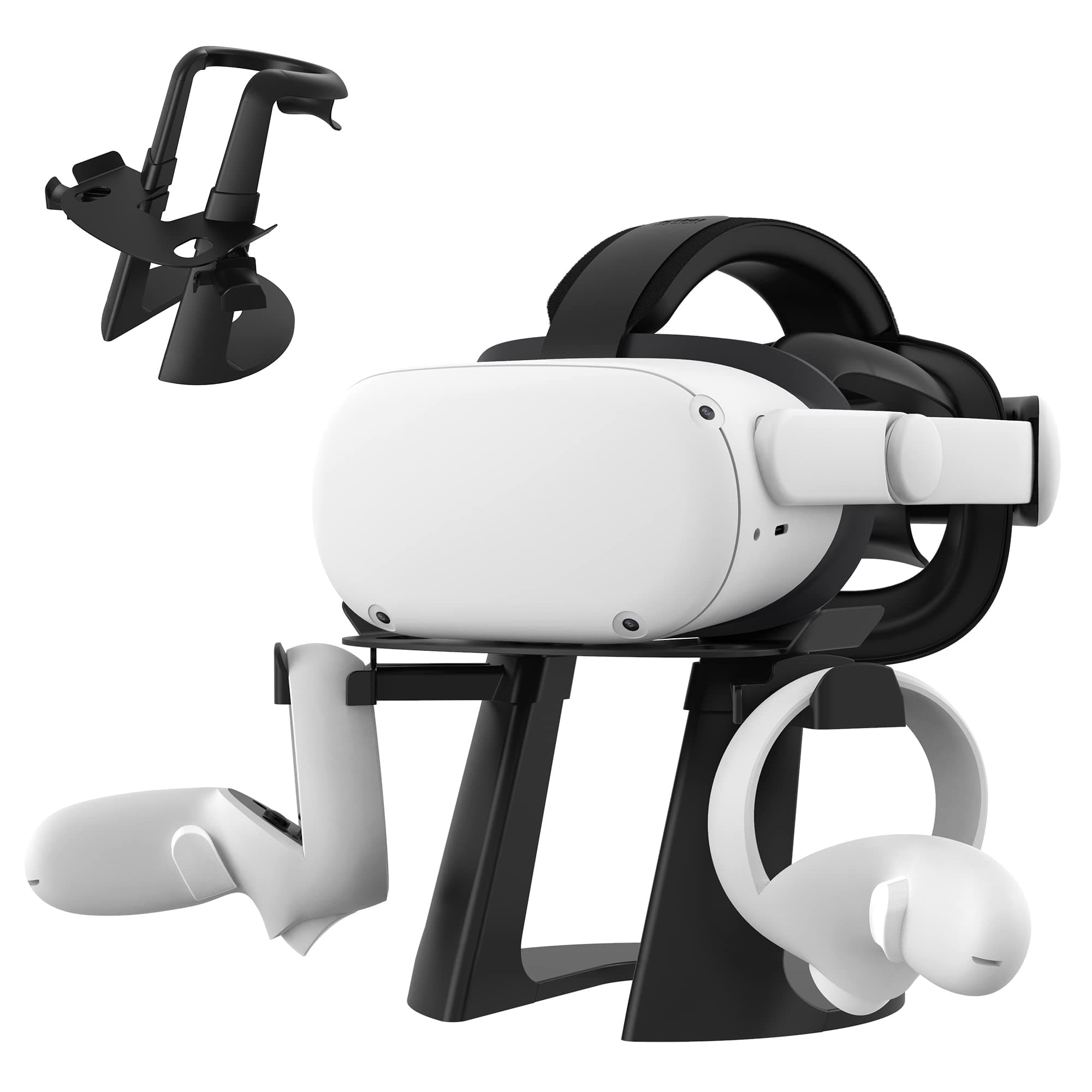 KIWI design VR Stand, Headset Display Holder and Controller Holder Mount Station Compatible with Quest/Quest 2/Rift/Rift S/GO/HTC Vive/Vive Pro/Valve Index VR Headset and Touch Controllers, Black