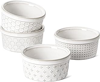 LE TAUCI Ramekins 6 oz, Ramiken for Creme Brulee, Lava Cake,Pudding, Souffle, Small Sauce Bowl,Ceramic Baking Dishes- 4 inch, Set of 4, Arctic White