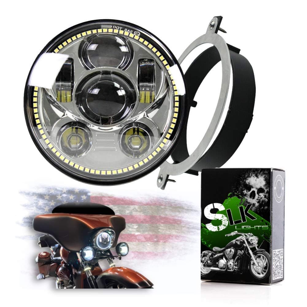 SLK-Customs VTX 5 3/4 LED Chrome Daymaker Headlight Kit - Bracket & Hardware - Plug & Play - Compatible Honda VTX 1300 & Honda VTX 1800 non-F models (Chrome/White Halo)