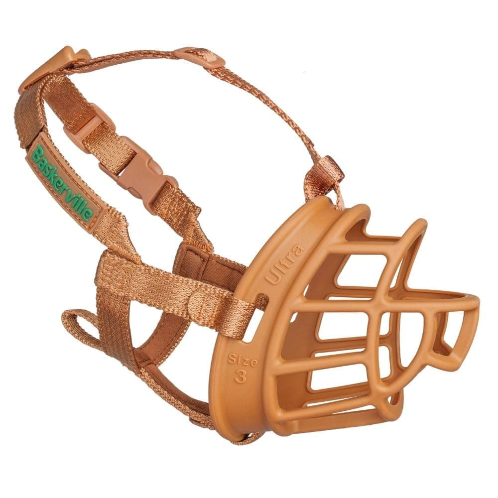 BASKERVILLE Ultra Dog Muzzle- Tan Size 6, Perfect for Extra Large Dogs, Prevents Chewing and Biting, Basket allows Panting and Drinking-Comfortable, Humane, Adjustable, Lightweight, Durable, XL