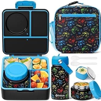 Fimibuke Bento Box for Kids Adult - Leakproof 3-4 Compartments Lunch Bento Box Set with Insulated Thermos Food Jar, Water Bottle, Lunch Bag, Sauce Cup & Cutlery for Toddler Teen Shcool Girl Boy Age 3+