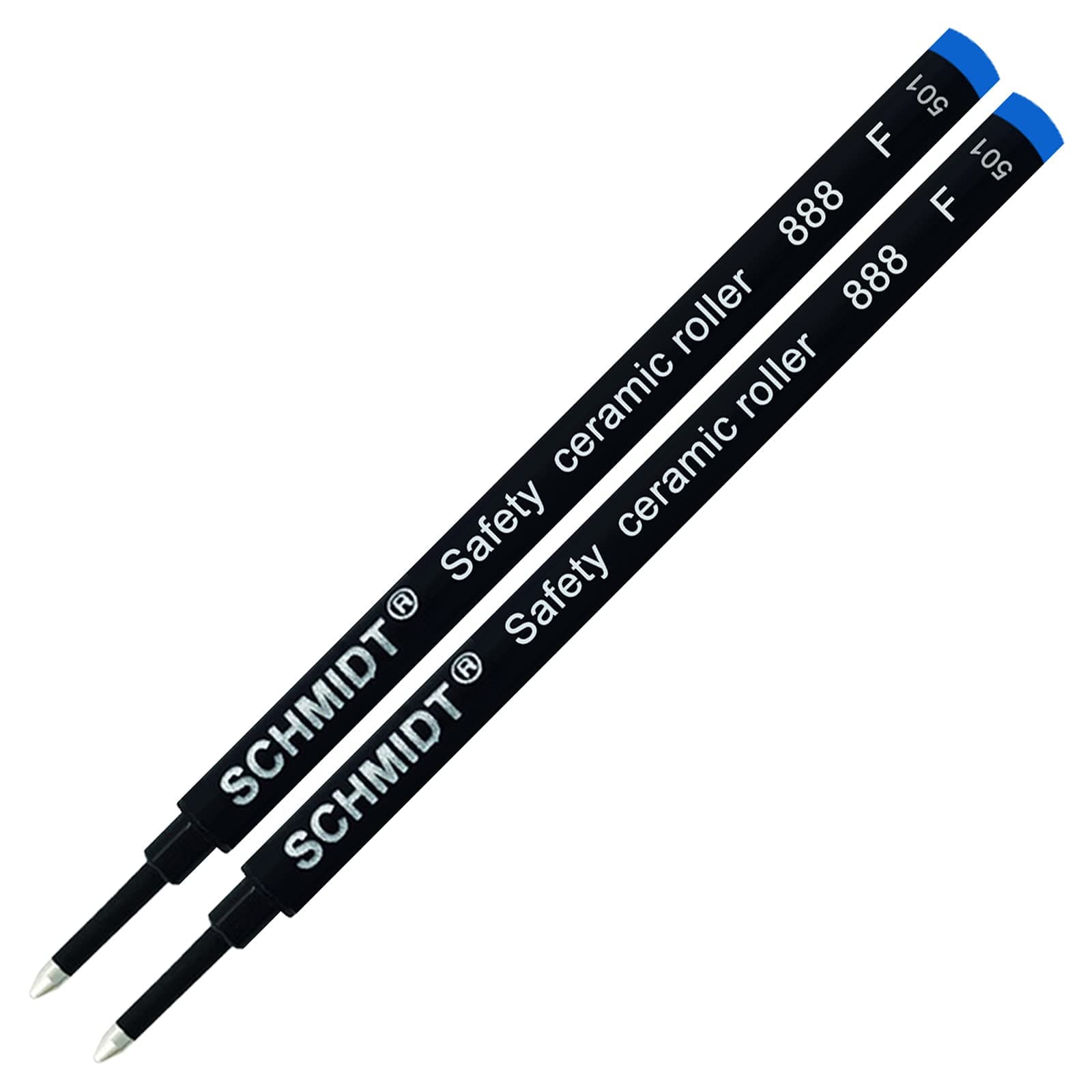 Schmidt 888 Writing Fine Tip Point (0.6mm) Blue Ink Plastic Tube/Body Stainless Steel Tip Safety Ceramic Roller Ball Refill - Pack 2