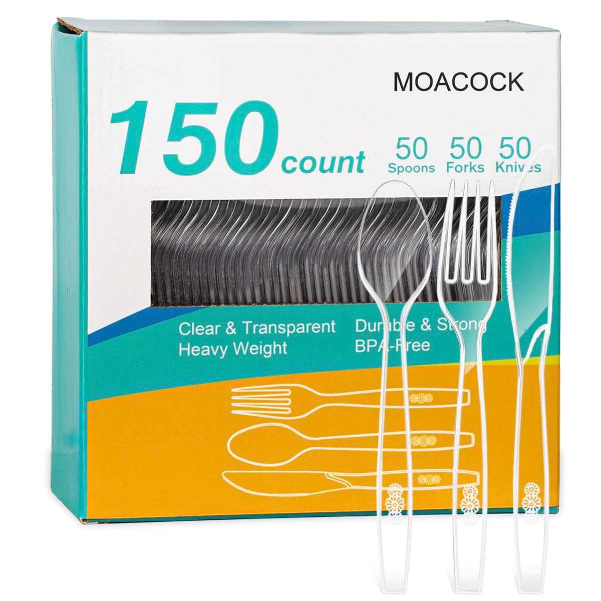 MOACOCK 150 Pcs Clear Plastic Silverware, Heavy Weight Plastic Forks Spoons Knives Disposable Utensils Cutlery Set for Wedding Party Supplies Everyday Use