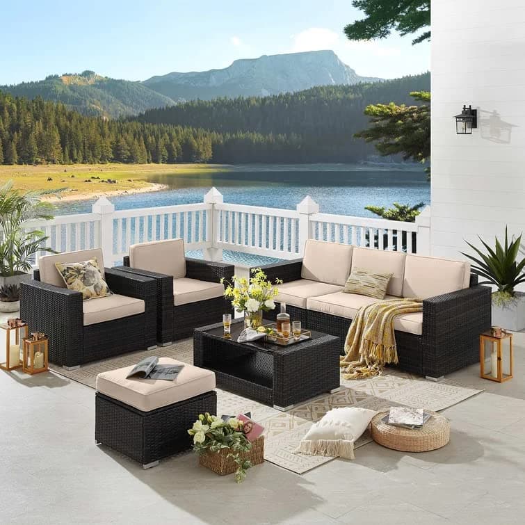- Outdoor 5 Piece HDPE Wicker Conversation Sofa Set with All Weather Water-Resistant Cushions, Glass Top Table & Ottoman for Garden, Poolside, Backyard(Dark Brown & Cream)
