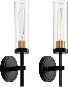 Black Gold Wired Wall Sconces Set of 2, Modern Bathroom Vanity Sconces with Clear Glass Shade, Wall Mount Lights for Mirror, Bedroom, Living Room,
