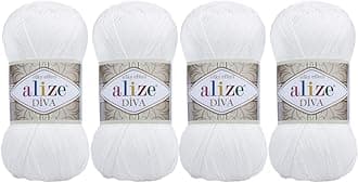 Alize 100% Microfiber Acrylic Diva Silk Effect Knitting Sport Crochet Yarn Lot of 4 Ball skeins 400gr 1532yds Color (55 White)