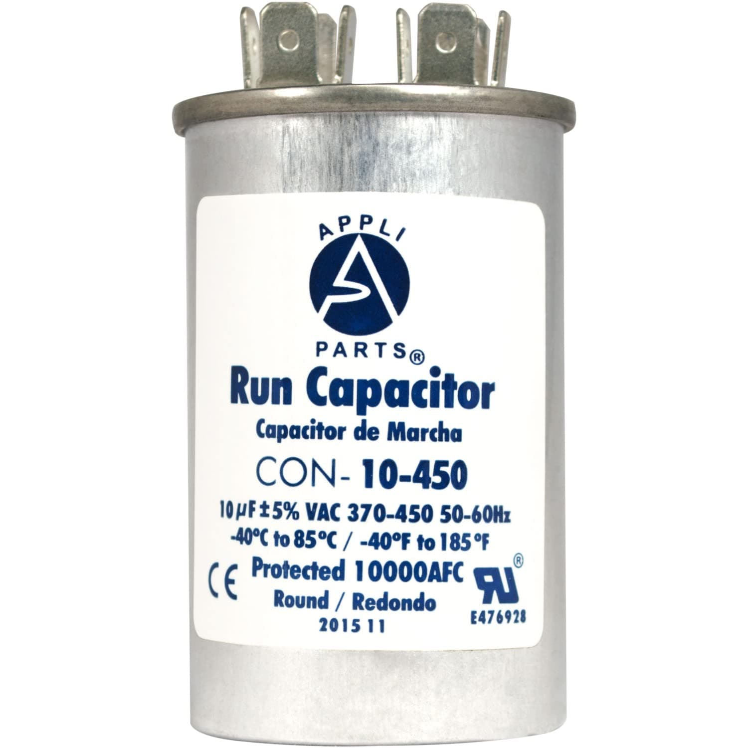 Run Capacitor for ac 10 Mfd uF (microfarads) 370 VAC or 450 VAC CBB65 Round Universal fit for hvac and other applications 3 in High 1-1/2 in Wide CON-10-450