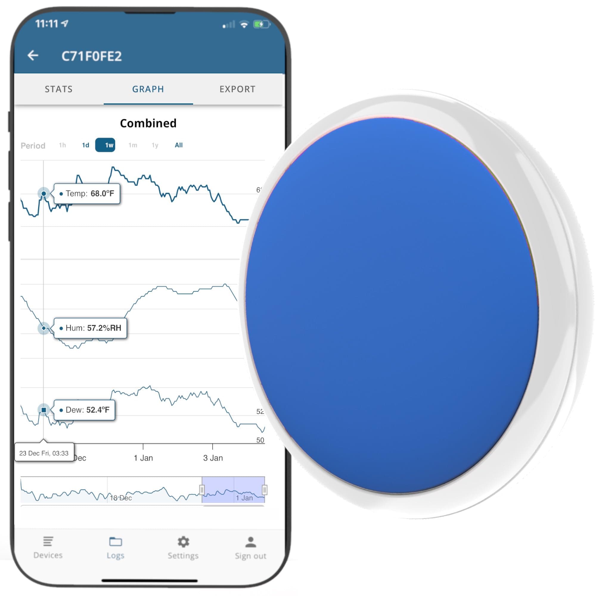Bluetooth Compatible Thermometer, Hygrometer & Dew Point Sensor and Logger, Smart Temperature Humidity Monitor, Unlimited Phone Storage. Simple Data Export. Made in USA