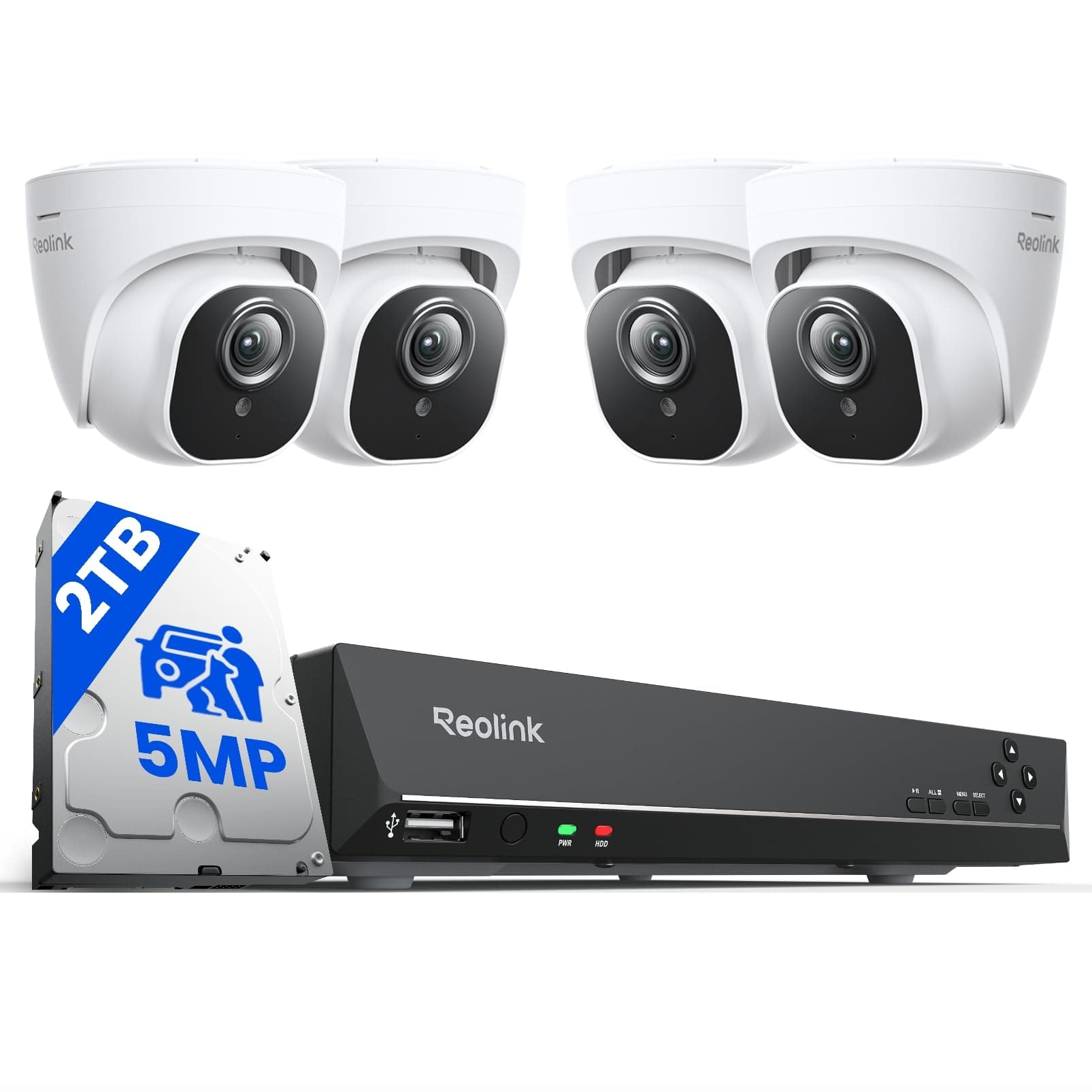 Reolink 4K NVR 8CH PoE CCTV Security Camera System, with 2TB HDD and 4X 5MP Motion Detection Outdoor PoE IP Cameras, 100ft Night Vision Remote Access, RLK8-520D4-5MP
