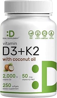 DEAL SUPPLEMENT Vitamin D3 2,000 IU + K2 MK7 50mcg Softgels | 2-in-1 Complex with Virgin Coconut Oil | Supports Heart, Bone, Teeth & Immune Health | Easy to Swallow