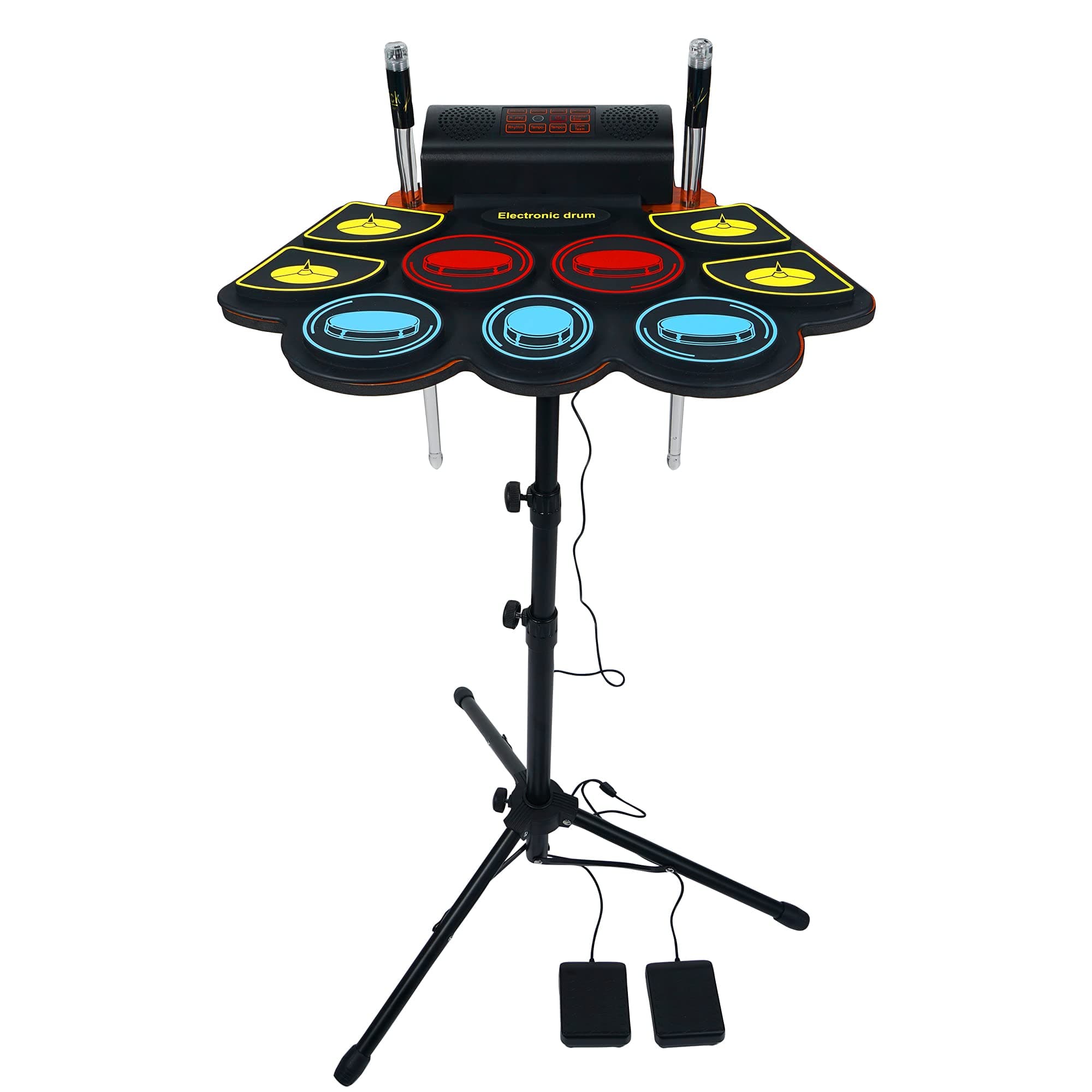 Electronic Drum Set with 9 Ear Pads, Light Up Drumsticks and Stand, 5 Different Drum Kits, 10 Single Beats, Double Speakers
