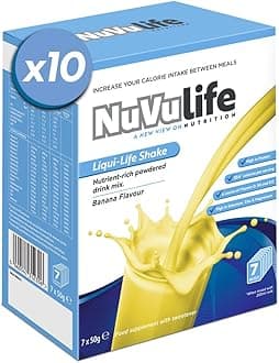 NuVu Life, Liquid-Life Shake. High Calorie, High Protein, Nutrient Rich Powdered Drink Mix for Weight Gain or Meal Replacement (Banana, 70 Sachets)