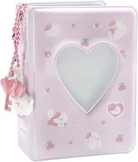 3 Inch Mini Photo Album, Heart Hollow Card Binder Photo Card Holder with Pendant 40 Pockets (pink white cat)