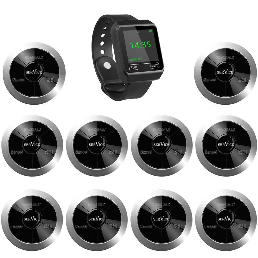 SINGCALL Wireless Call Button Bell Alert Notifier Beeper, Big OLED Screen Receiver, Pack of 10 Pagers and 1 Receiver