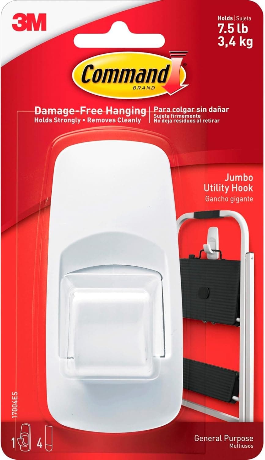 Command Jumbo Utility Hook, Pack of 1 Hook and 4 Adhesive Strips, White - Damage Free Hanging - Holds up to 3.4kg