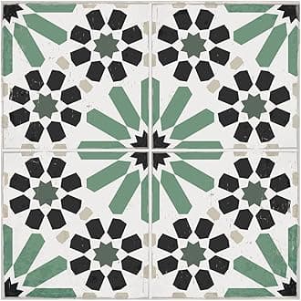 Terra Tile Vinyl Self-Adhesive Removable Floor Tiles for Bathroom Kitchen Bedroom Living Room Dining Room Den Office Home Decor, 12"" x 12"" Black and White Patterned, Green