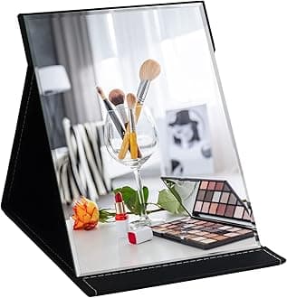 ZBEIVAN 12x9 Inches Extra Large Portable Folding Makeup Mirror, Frameless PU Leather Vanity Mirror with Stand for Desk Table Camping Travel Personal, Black