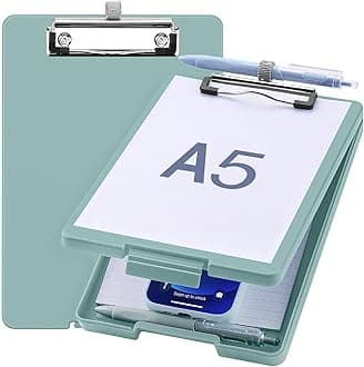 Small Clipboard with Storage, A5 Clipboards with Pen Holder, Half Letter Clip Boards 6x9 Mini Plastic Clipboard with Low Profile Clip for Classroom, School, Office Supplies (Grey Green)