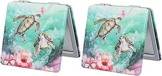 Pocket Mirror for Women, 2 Pcs Square 2.8” PU MarineAnimal Style Double Sided 1X/3X Mirror for Purse Travel Compact Mirror (MA01)