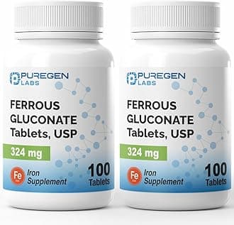 Puregen Labs Ferrous Gluconate 324 mg [High Potency] Iron Supplement, Gentle on Stomach | 2 Pack - 200 Tablets Total