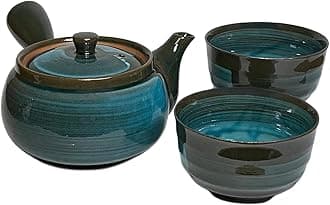 Mino Ware Japanese Kyusu Teapot Yunomi Set Emerald Line pattern on Brown