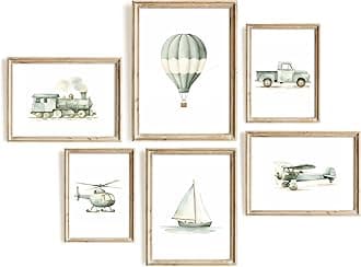 Uniro Vintage Travel Nursery Wall Art Print for Toddler Boys Room Decor, Green Transportation Car Airplane Nursery Wall Decor, Vehicle Train Boat Hot Air Balloon Pictures Wall Decor, Nursery Poster for Bedroom Playroom Kids Room decor (Unframed)