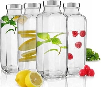 Piraml Square Glass Bottle Travel Drinking Fridge Glass Bottle with Stainless Steel Lid for Home, Juicing, Water, Smoothie 1liter Glass Bottle (1000ml French Square Bottle, Set Of 4)