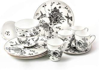 Botanic Plates and Bowls Sets Dishes Set for 4, Ceramic Plates and Bowls Set, Service for 4, Bone China Dinnerware Set Salad Dessert Plates, and Cereal Bowls Set, Microwave safe by KOKEN