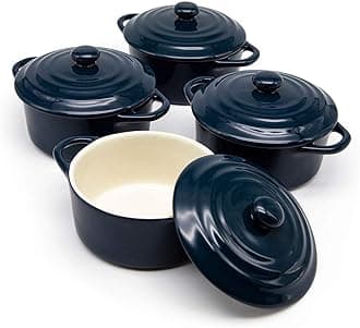 KooK 12oz Mini Cocotte, , Casserole Dish, Dutch Oven, Ceramic Make, Easy to Lift Lid, Navy, Set of 4