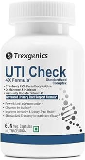 - UTI CHECK Advanced Urinary Tract Cleanse & Function, Immunity Support with Optimized Cranberry 200mg, D-Mannose 250mg & Hibiscus 100mg & Vitamin C 40mg (60 Vcaps) (1)